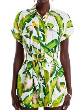 FARM RIO SUMMER FOLIAGE Off-White Romper. Tropical Leaf Print with Belt